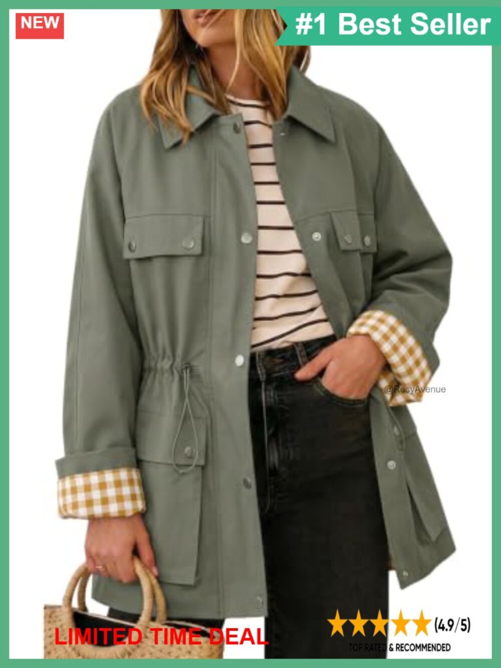 Womens Trench Coat Button Front Drawstring Waist Plaid Lining Casual Outerwear